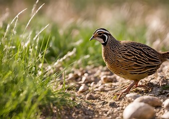 A quail living in free-range during summertime_ close-up photo of the bird in the grass.