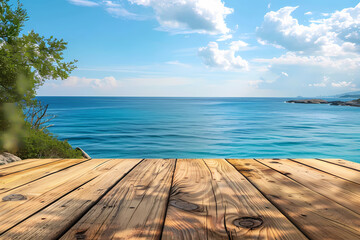 Obraz premium Wooden table on the background of the sea, island and the blue sky. High quality photo 