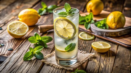 Fototapeta premium Freshly prepared refreshing sparkling Collins cocktail garnished with lemon wedge and mint leaves on rustic wooden table setting.