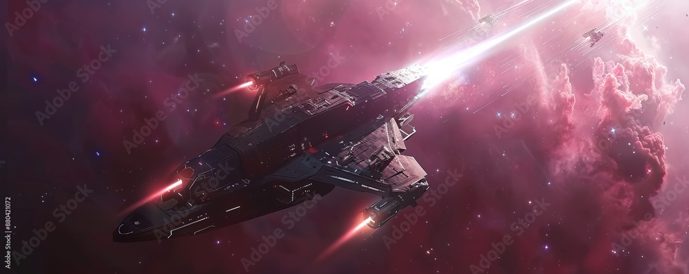 Poster sleek spaceship soaring through nebula with glowing engines and reflecting stars