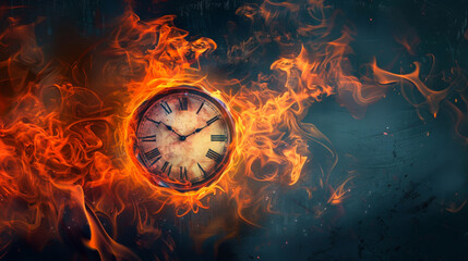 Close-up of a classic watch engulfed in bright flames on a dark background. Abstract background, copy space.