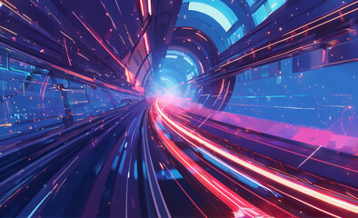 Fototapeta premium Fast motion with neon lines in tunnel close up, focus on, copy space intense trails, bright colors, Double exposure silhouette with depth