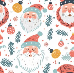  Cheerful seamless pattern featuring jolly Santa faces, Christmas ornaments, and festive decorations in a vibrant, hand-drawn style