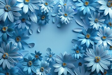 Fototapeta premium 3D Rendered Blue Floral Frame Background. Delicate Blue Daisy Flowers Border with Copy Space