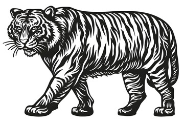 Fototapeta premium Hand drawn tiger silhouette in a minimal style. Black and white graphic illustration isolated on white background