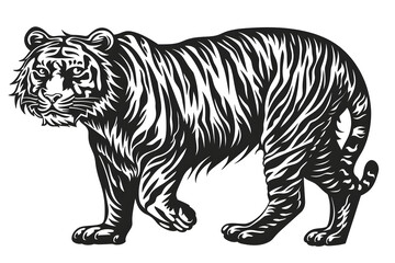 Obraz premium Hand drawn tiger silhouette in a minimal style. Black and white graphic illustration isolated on white background