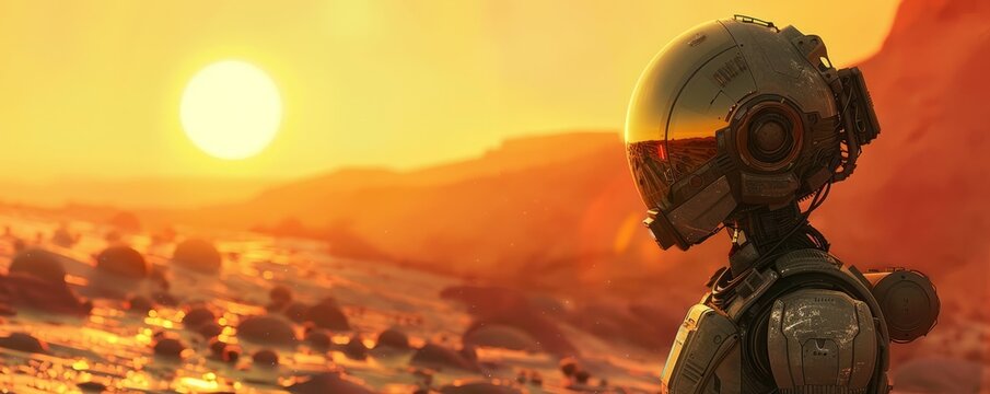 A robot exploring a desolate alien world.