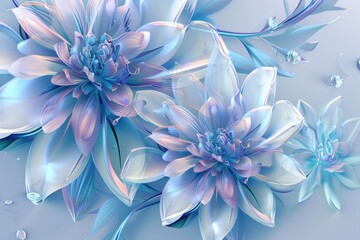 Obraz premium Abstract 3D illustration of iridescent blue and pink flowers. Concept of spring, beauty, nature, and floral design.