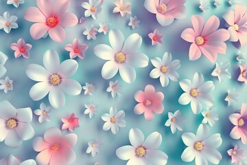 Beautiful floral background with pastel pink and white flowers on a blue background.  Perfect for spring, summer, weddings, or feminine designs.