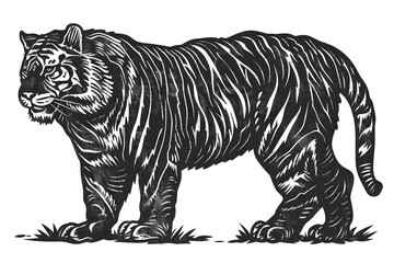 Obraz premium Hand drawn tiger silhouette in a minimal style. Black and white graphic illustration isolated on white background
