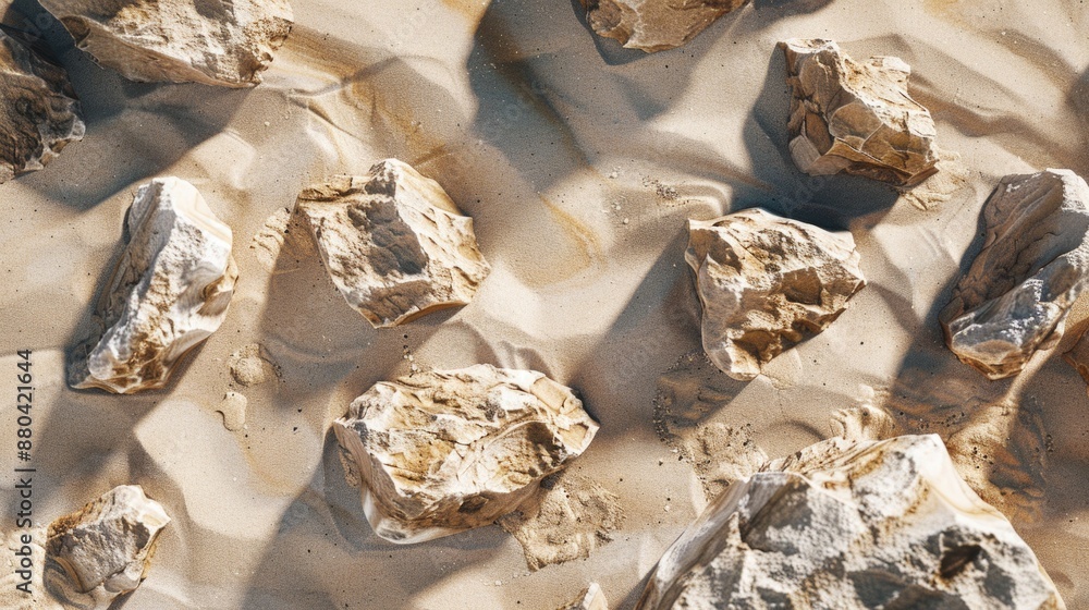 Poster a group of rocks perched on the edge of a sandy beach, with waves gently lapping at their base