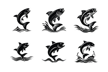A set of fish jumping out of the water ripple with splash Black Silhouette Bundle isolated on white