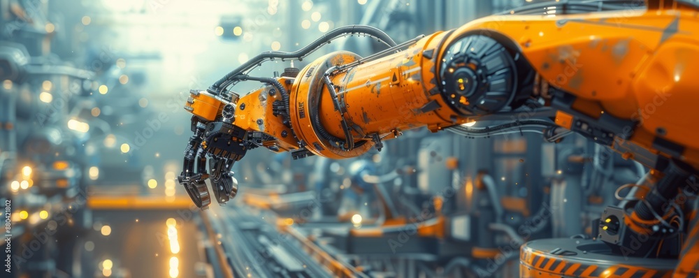 Poster a robot arm assembling a complex piece of machinery, its movements precise and efficient.