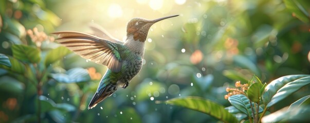 A photorealistic image of a hummingbird hovering in mid-air, its wings beating so fast they blur into motion.