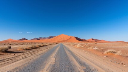 2. A deserted desert road stretching into the horizon with sand dunes and a clear blue sky