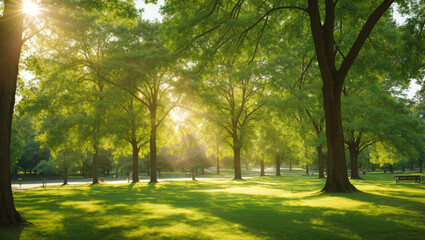 Fototapeta premium A wide open grassy field with people walking on a sunny day with a blue sky and white fluffy clouds. A large tree branch hangs over the top of the image.