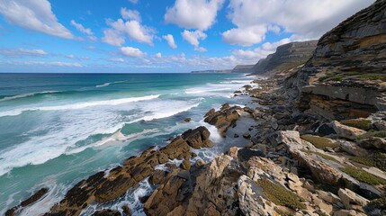 4. A scenic coastal road with the ocean on one side and cliffs on the other, waves crashing against the rocks