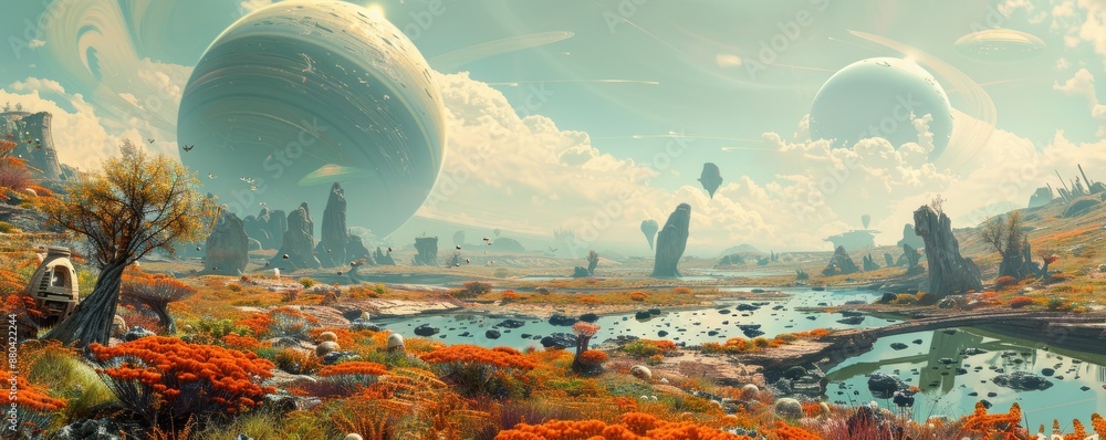 Poster a panoramic view of an alien planet with a landscape unlike anything on earth, filled with strange c