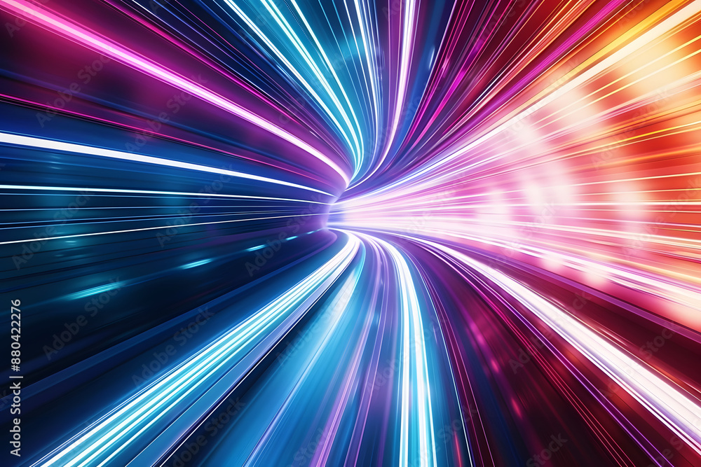 Poster dynamic abstract background with long neon lines glowing trails in a tunnel. glowing abstract circul