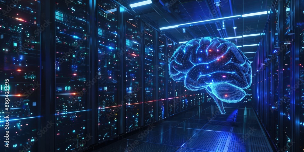 Aufkleber A modern computer room with a brain-like structure at its center