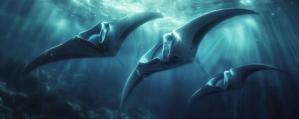 Fototapeta premium Graceful giant manta rays soaring through the water, 4K hyperrealistic photo