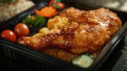 Delicious glazed chicken leg with veggies and rice.