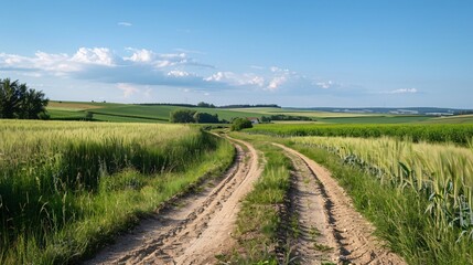 Fototapeta premium 7. A rural dirt road leading to a farmhouse, surrounded by vast fields of crops under a bright, clear sky