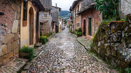 10. A picturesque road in a European village, cobblestones underfoot and charming old buildings on either side