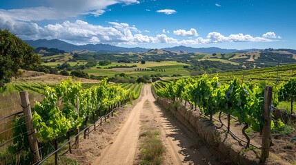 Fototapeta premium 14. A narrow, winding road through a vineyard, rows of grapevines stretching out on either side under a sunny sky