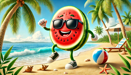 Smiling Watermelon Character with Sunglasses Enjoying a Tropical Beach Day Illustration. National Watermelon Day