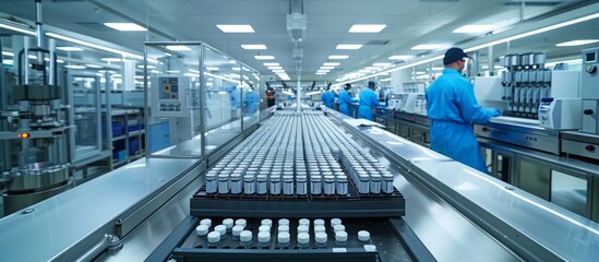 Modern Pharmaceutical Manufacturing Facility with Workers in Protective Gear