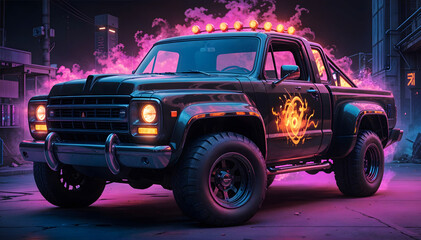 A black pickup truck with large off-road tires and a lifted suspension, surrounded by colorful smoke and flames against a dark background