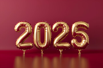 New year concept, 2025, happy new year, golden balloons on red festive background