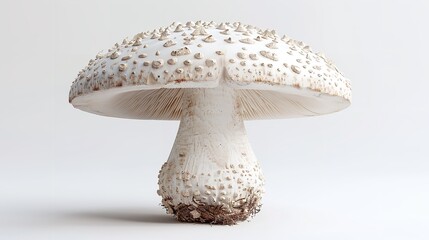 3D rendering of a large, realistic mushroom with a tall stalk. The mushroom has a brown cap with white spots and a white stalk with a ring around it.