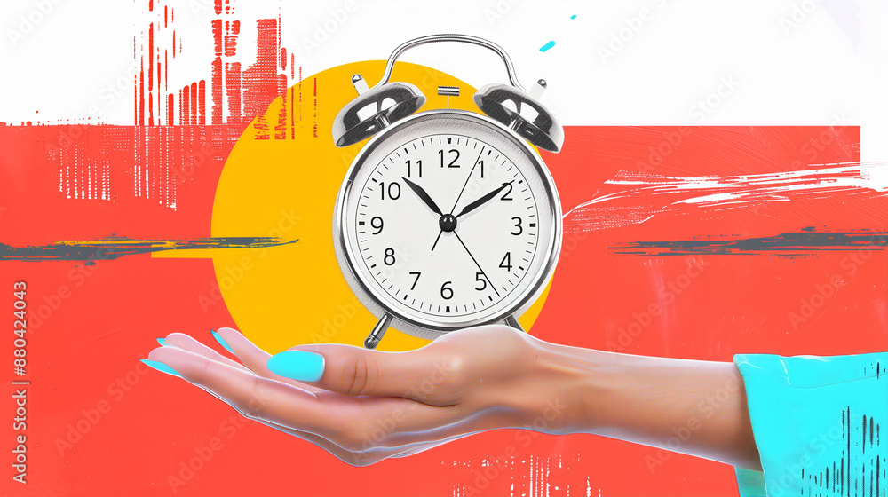 Aufkleber creative time management concepts with artistic design. visual arts of a clock in hand for punctuali