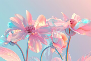 Naklejka premium Beautiful pastel pink flowers on holographic background. Aesthetic floral design, dreamy spring concept, colorful wallpaper