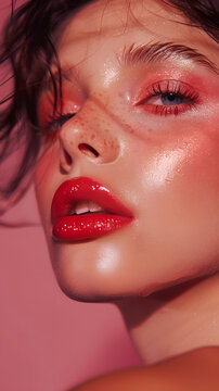 Young woman with bright color eye makeup and red lips creative fashionable photo