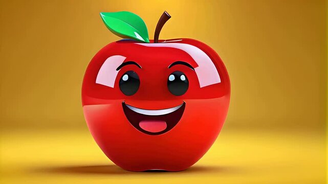 apple with a smile. red apple cartoon. 3d glassy a fruit apple emoji on yellow