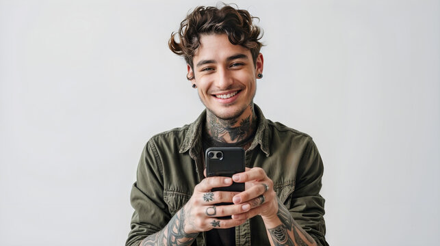 A young Hispanic man with a charming smile, tattoos on his neck and hands, and multiple ear piercings holds a smartphone.