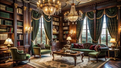 Obraz premium Luxurious velvet drapes, crystal chandeliers, and ornate gold accents adorn a lavish, dimly lit, Old Hollywood-inspired opulent study backdrop.