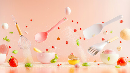 Creative Baking Concept with Floating Utensils, Ingredients, and Vibrant Colors