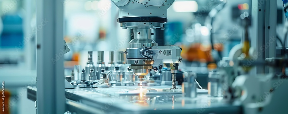 Poster a robot arm assembling a complex piece of machinery, its movements precise and efficient.