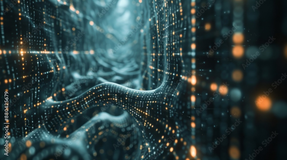 Poster conceptual artificial neuron illustration with binary code wall, symbolizing artificial intelligence
