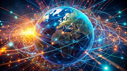 Obraz premium Vibrant neon globe enveloped by swirling data streams and cyber networks, symbolizing AI-driven technological advancements in modern innovation landscape.