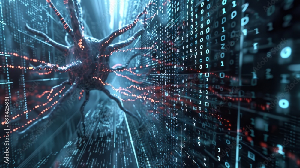 Poster conceptual artificial neuron illustration with binary code wall, symbolizing artificial intelligence