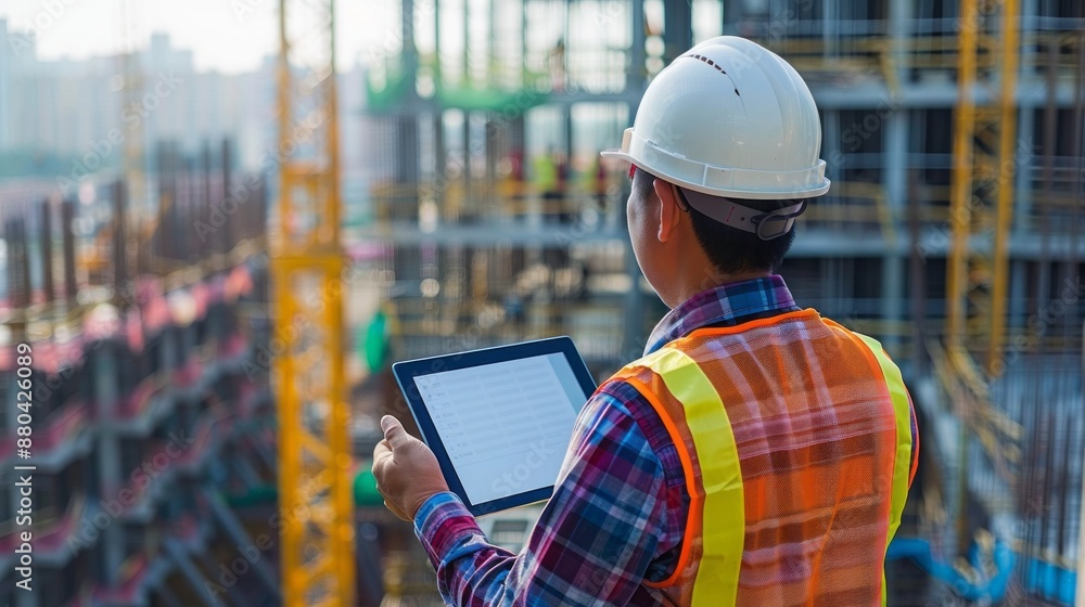Poster engineer in hard hat using tablet pc to inspect and work at construction site with building framewor