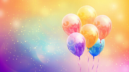 Fototapeta premium Beautiful background with pink and blue balloons. Group of pastel party balloons on soft background. Concept of happiness, joy, birthday. Wide Angle Holiday Web Banner With Copy Space