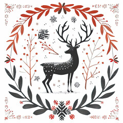 An illustration of a deer surrounded by leaves and snowflakes