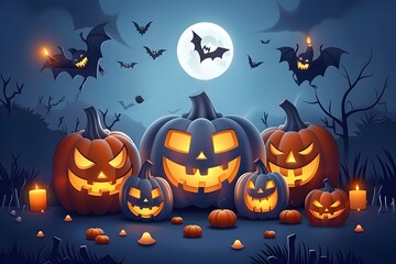 Sinister Halloween pumpkin family under a full moon with flying bats and eerie candle lights