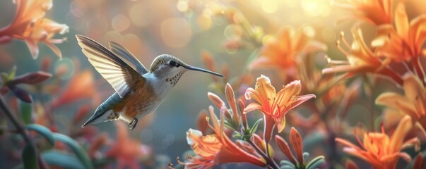 Fototapeta premium A tiny hummingbird hovering in front of a flower.